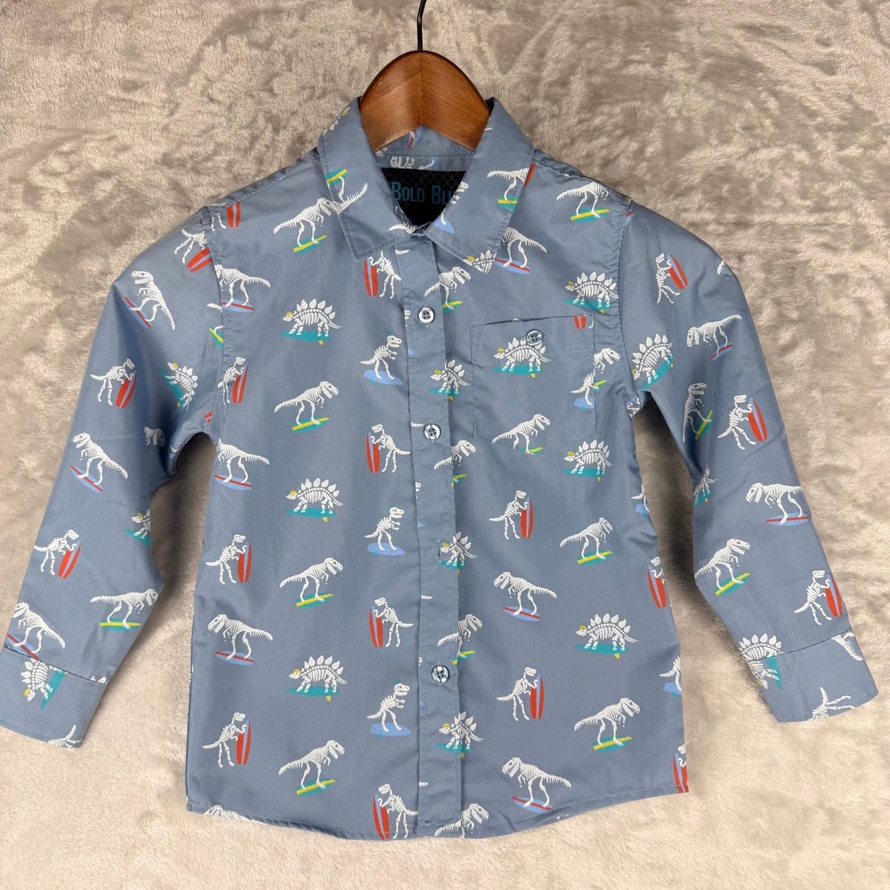 Kids Bold Blue Dinosaur Surfing Button Down‎ Shirt Size 4 Long Sleeve